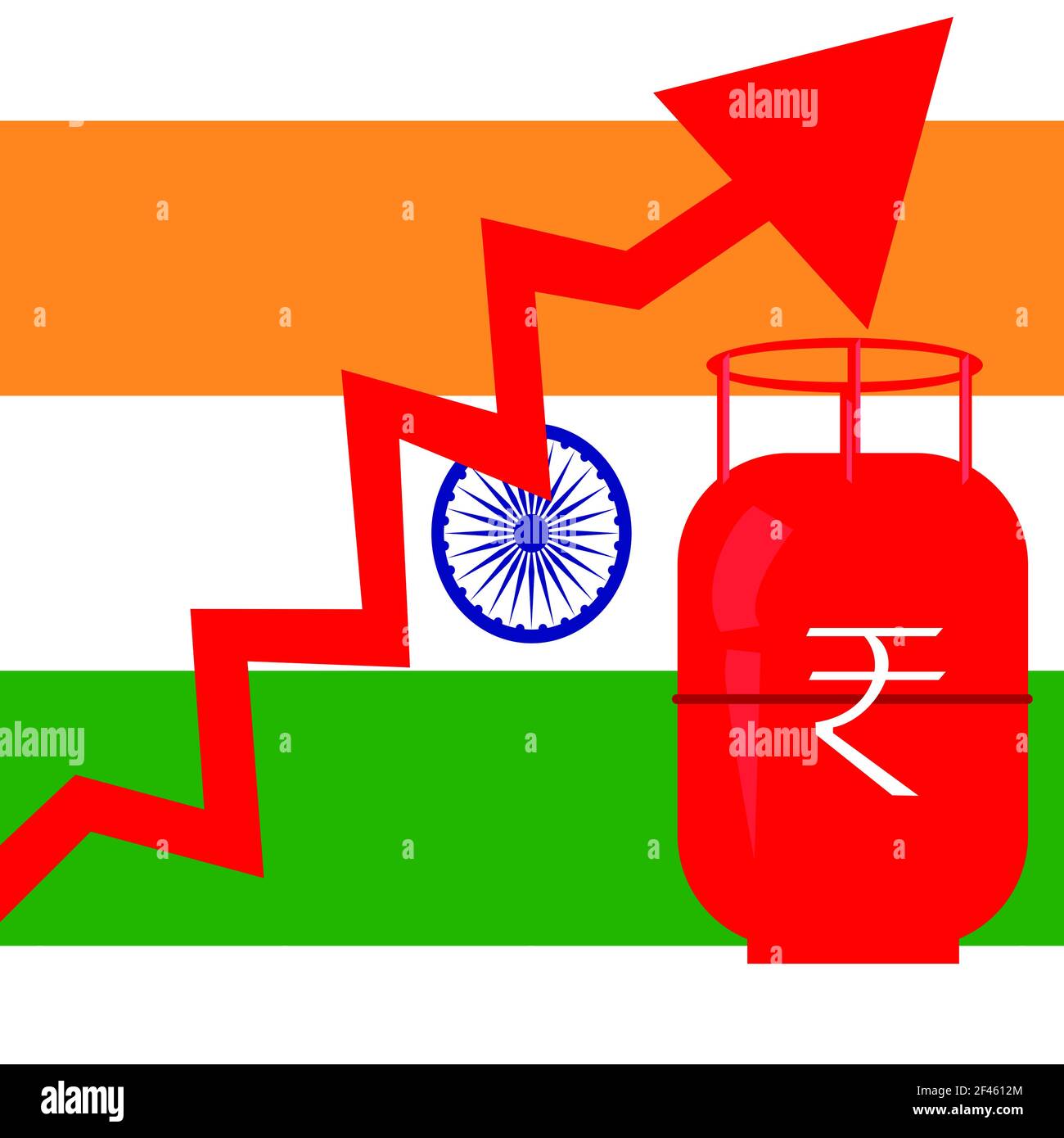 Hausse du prix des bouteilles de gaz en Inde, drapeau indien, flèche vers le haut. Banque D'Images