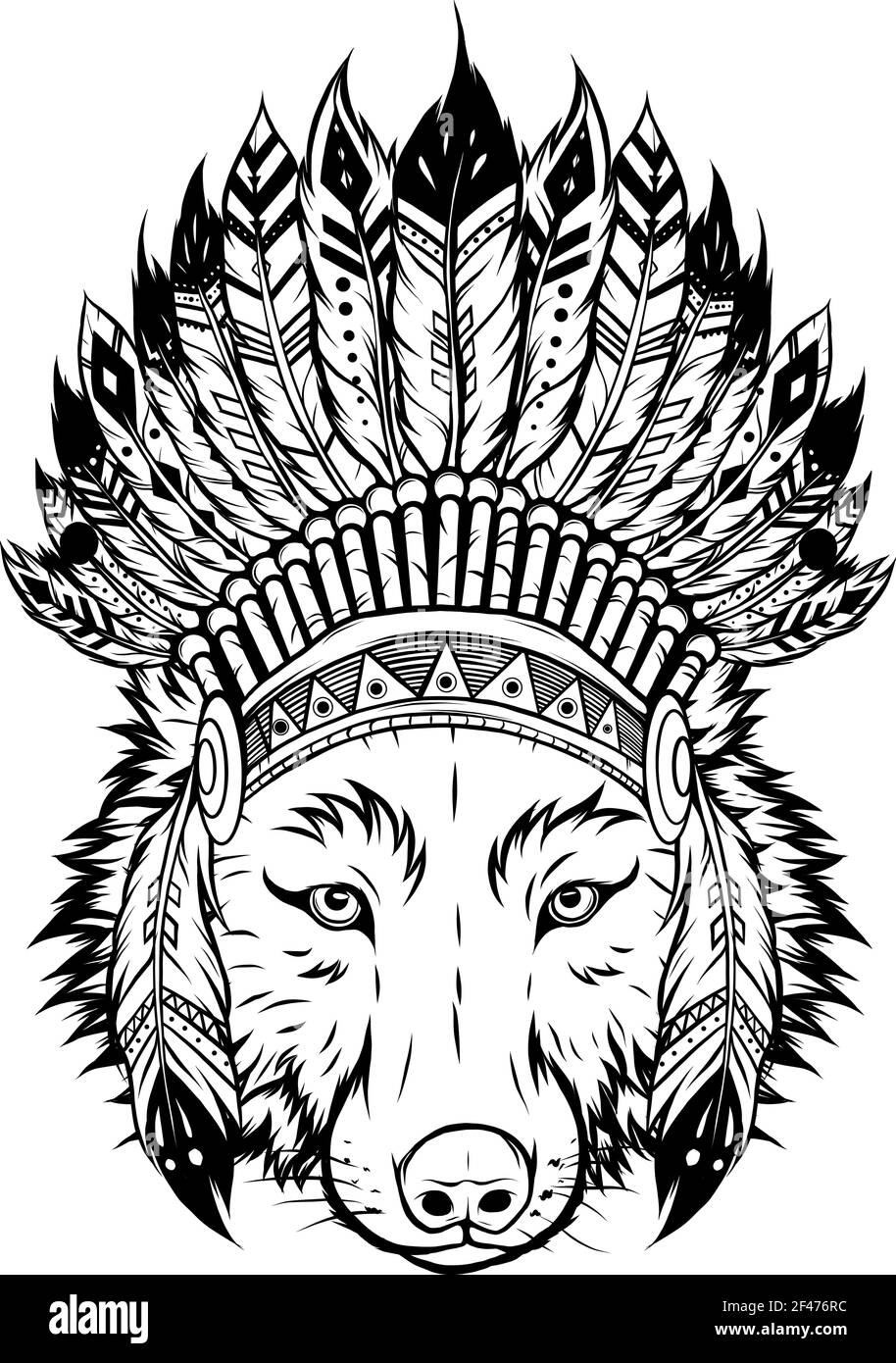 dessinez en noir et blanc de loup indien avec des plumes illustration du vecteur hat Illustration de Vecteur
