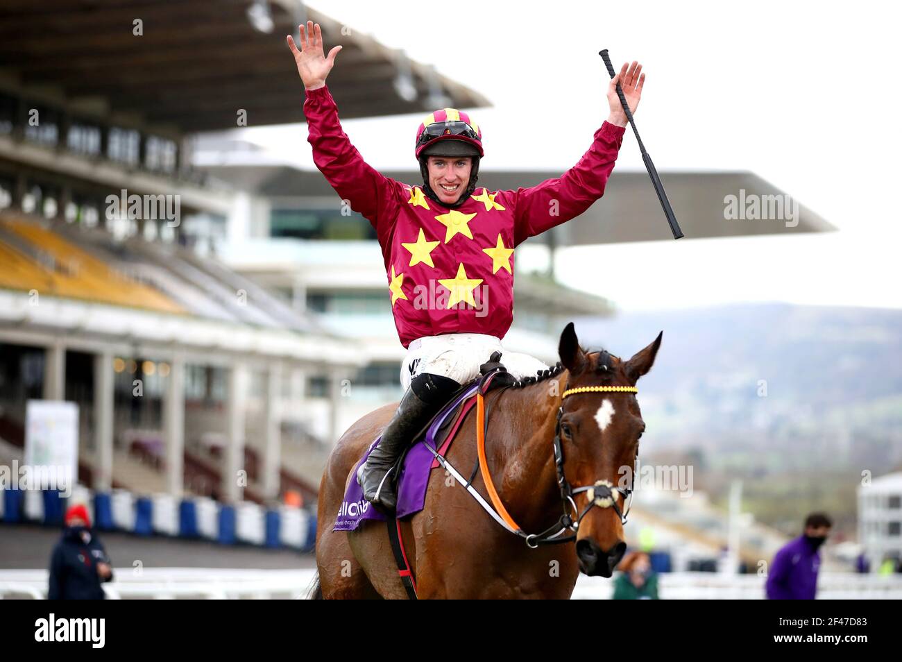 Jack Kennedy célèbre en haut de Minella Indo après avoir remporté la coupe d'or WellChild Cheltenham Chase pendant le quatrième jour du festival Cheltenham à l'hippodrome de Cheltenham. Date de la photo : vendredi 19 mars 2021. Banque D'Images Jack Kennedy célèbre en haut de Minella Indo après avoir remporté la coupe d'or WellChild Cheltenham Chase pendant le quatrième jour du festival Cheltenham à l'hippodrome de Cheltenham. Date de la photo : vendredi 19 mars 2021. Banque D'Images