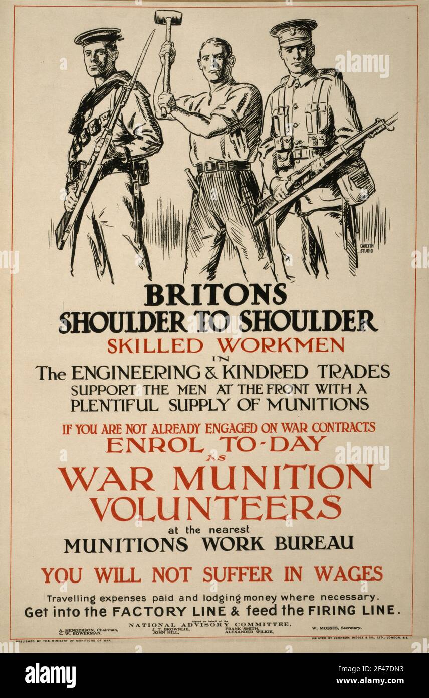 Une première affiche de recrutement de la guerre mondiale appelant à des travailleurs qualifiés travailler dans des munitions Banque D'Images