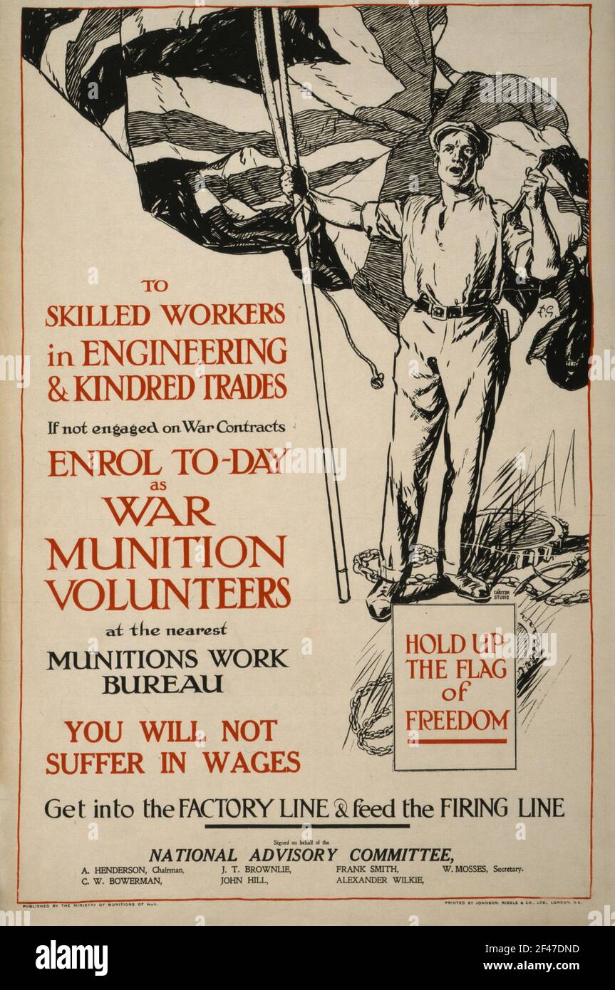 Une première affiche de recrutement de la guerre mondiale appelant à des travailleurs qualifiés travailler dans des munitions Banque D'Images