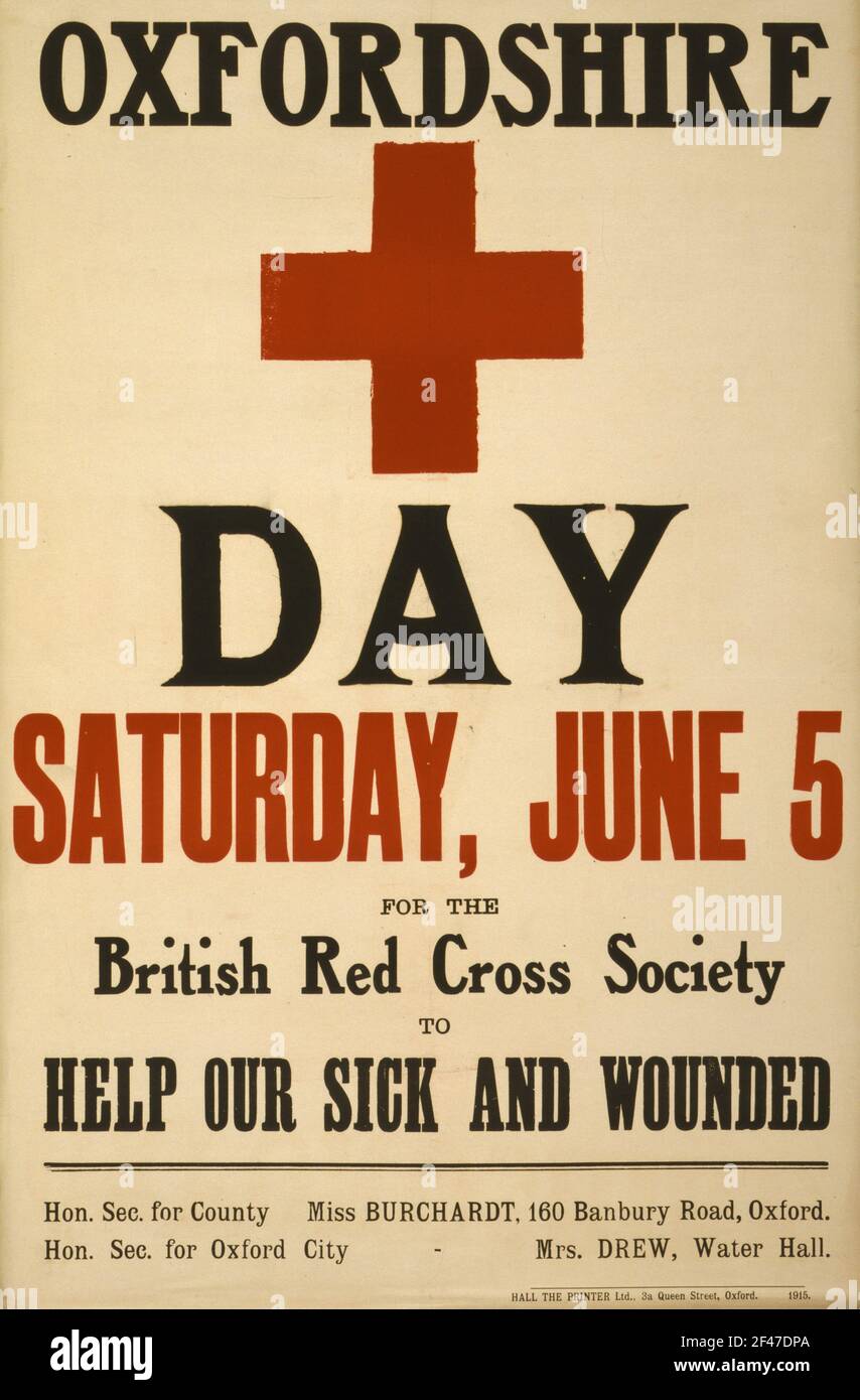 Une première affiche de guerre mondiale pour la Croix-Rouge de l'Oxfordshire Jour Banque D'Images
