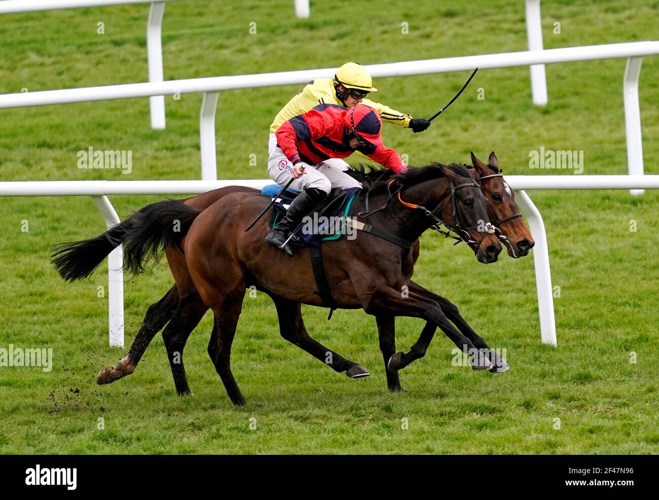 Porlock Bay, criblée par Lorcan Williams (silks rouge et noir) sur le chemin de la victoire de la coupe du défi de la place Saint-James Open Hunters' Chase au cours du quatrième jour du Cheltenham Festival à Cheltenham Racecourse. Date de la photo : vendredi 19 mars 2021. Banque D'Images