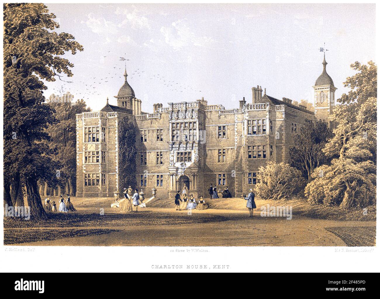 Un lithotint de Charlton House, Kent (Greenwich) UK scanné à haute résolution à partir d'un livre imprimé en 1858. Je pensais libre de droits d'auteur. Banque D'Images