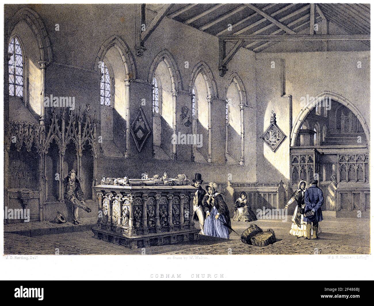 Lithotint de Cobham Church, Kent UK numérisé à haute résolution à partir d'un livre imprimé en 1858. Considéré comme libre de toutes restrictions historiques de copyright Banque D'Images