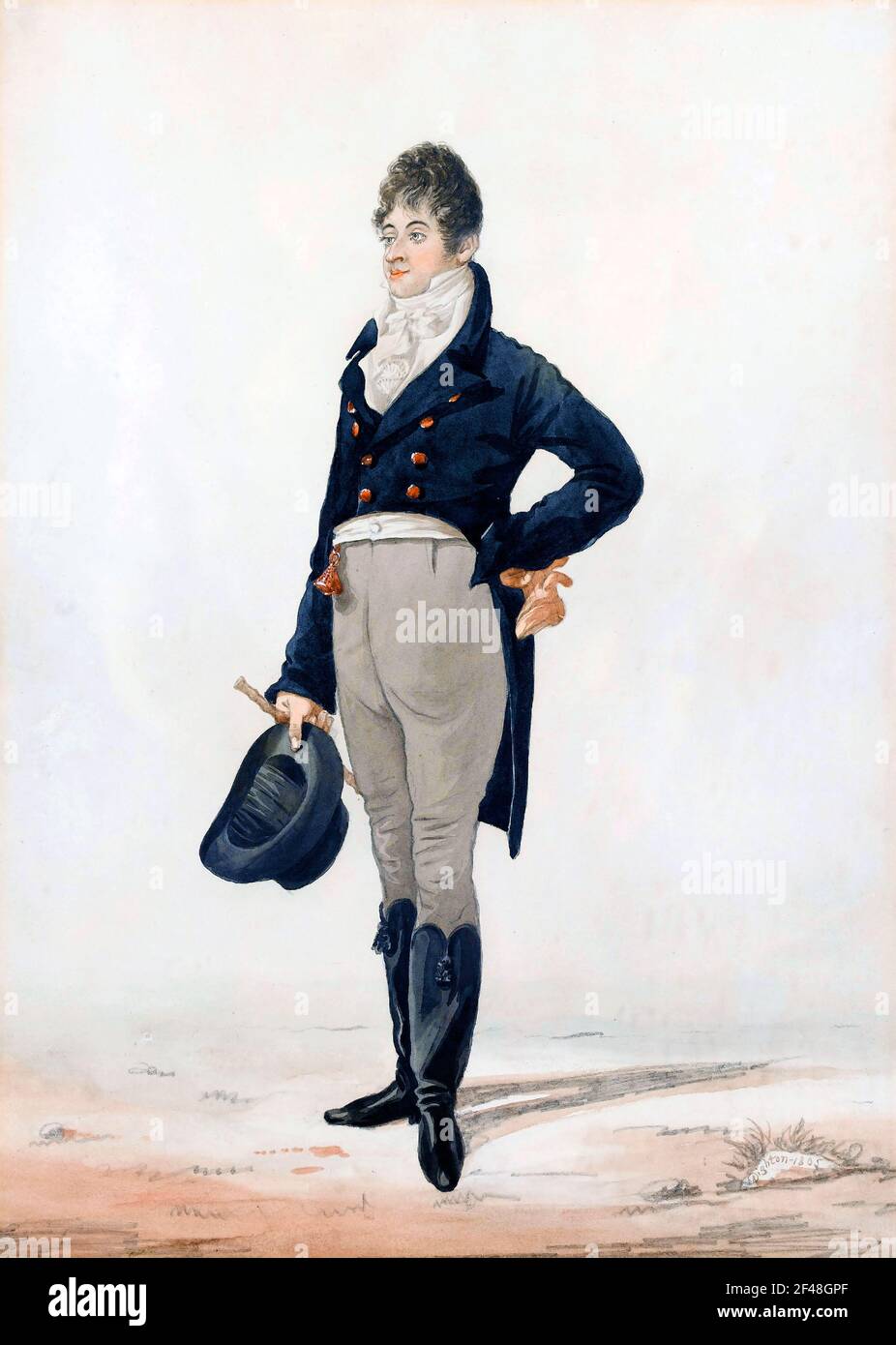 Beau Brummmell. Caricature de la dandy régence, George Bryan 'beau' Brummell (1778-1840) par Robert Dighton, aquarelle, 1805 Banque D'Images
