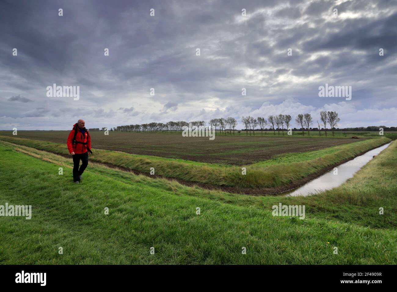 Walker au phare de Sir Peter Scott, connu sous le nom de phare est, River Nene, village de Sutton Bridge, district de South Holland, Lincolnshire, Anglais Banque D'Images