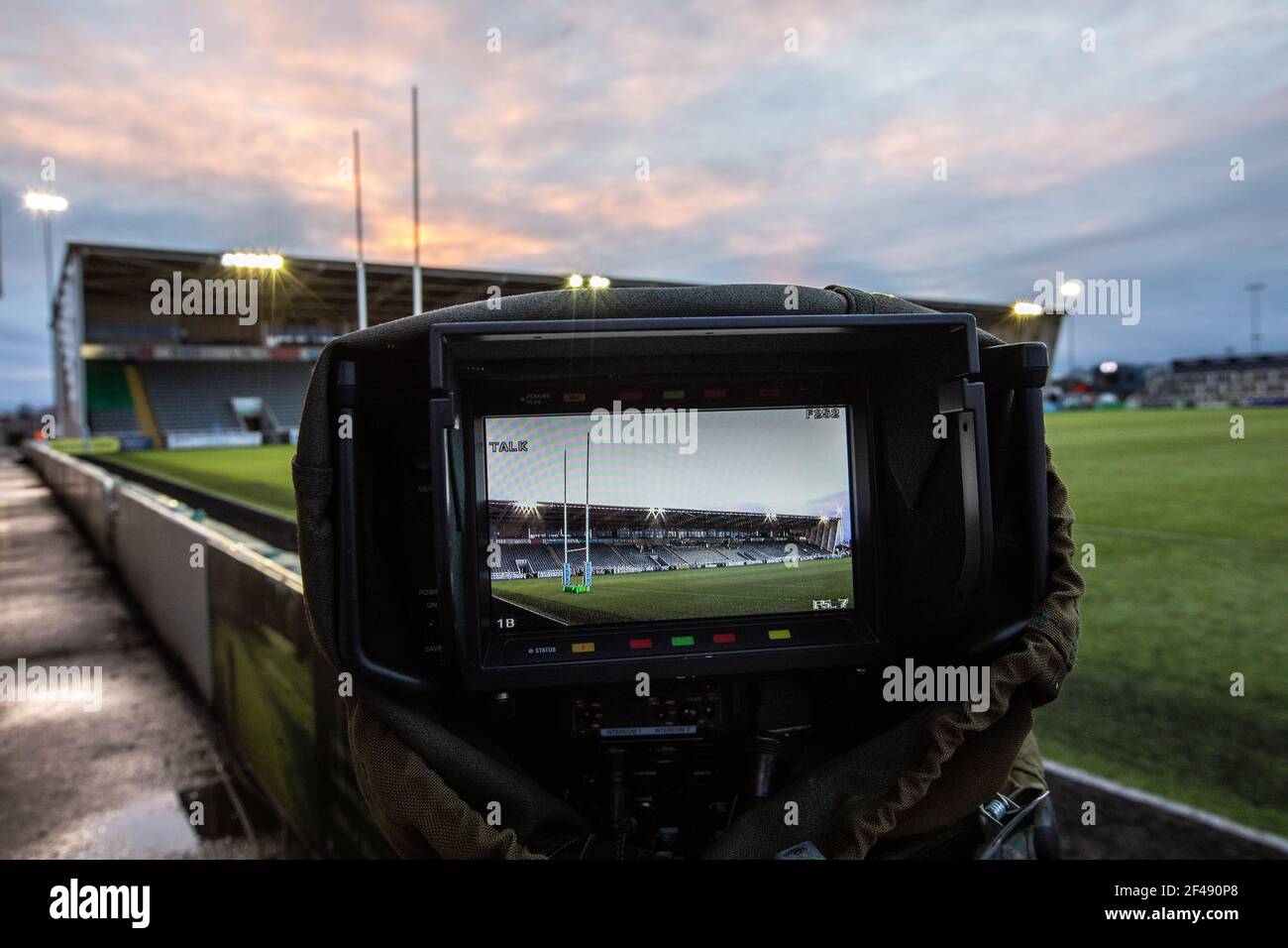 Newcastle, Royaume-Uni. 14 mars 2021. NEWCASTLE UPON TYNE, ANGLETERRE. 19 MARS UNE vue à travers la caméra BT Sport au parc Kingston avant le match Gallagher Premiership entre Newcastle Falcons et Wasps à Kingston Park, Newcastle, le vendredi 19 mars 2021. (Credit: Chris Lishman | MI News) Credit: MI News & Sport /Alay Live News Banque D'Images