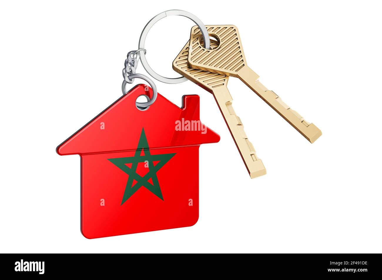 Immobilier au Maroc. Porte-clés maison avec drapeau marocain. Concept de propriété, de loyer ou d'hypothèque. Rendu 3D isolé sur fond blanc Banque D'Images