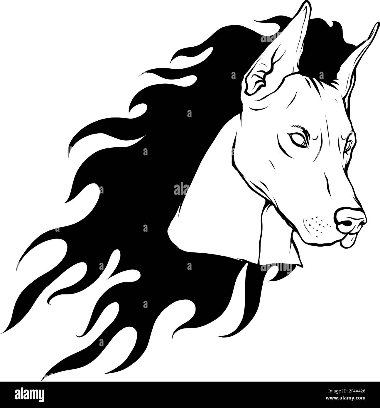 dessiner en noir et blanc de la tête dobermann chien avec Illustration du vecteur Flames Illustration de Vecteur