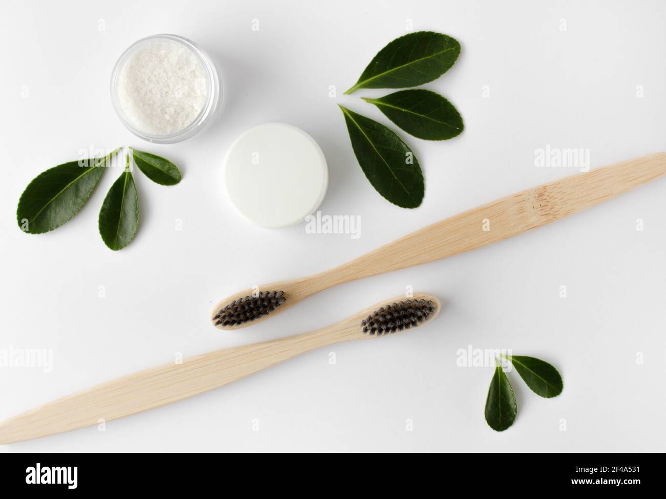 deux brosses à dents écologiques en bambou en bois, dentifrice et feuilles vertes sur fond blanc. Banque D'Images