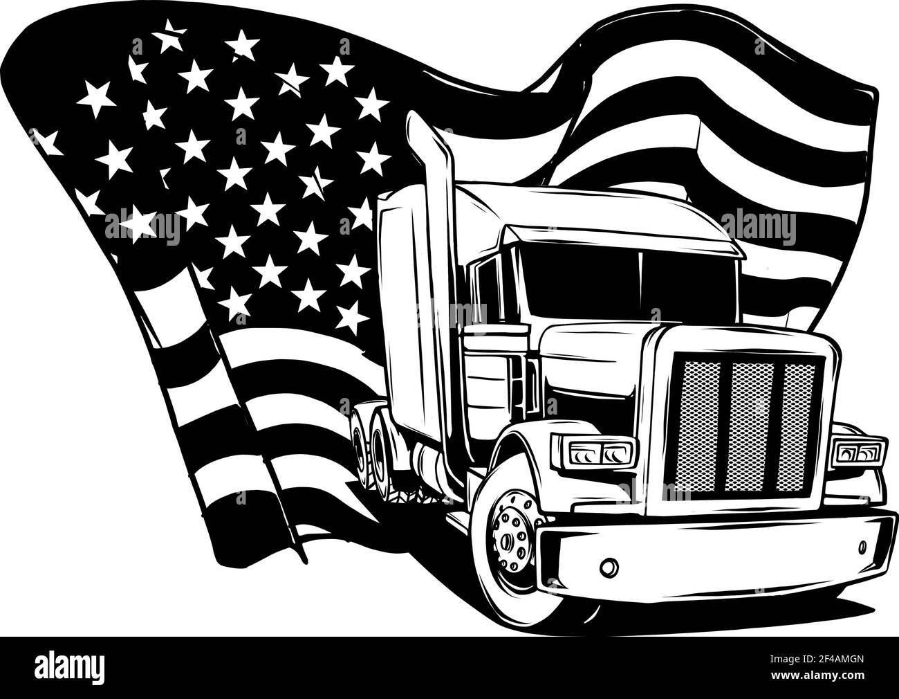 Dessiner en noir et blanc de Classic American Truck. Illustration vectorielle avec drapeau américain Illustration de Vecteur