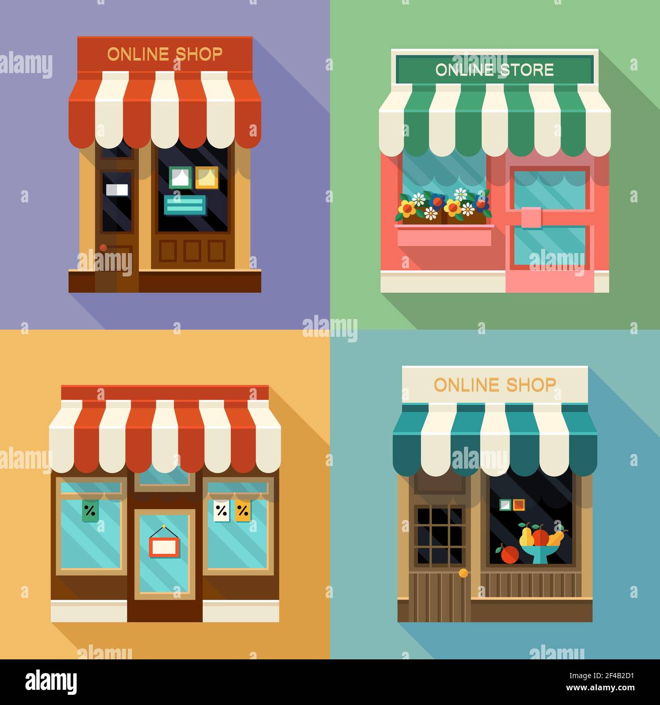 Différentes boutiques et magasins icônes Set.concept achats en ligne Illustration de Vecteur