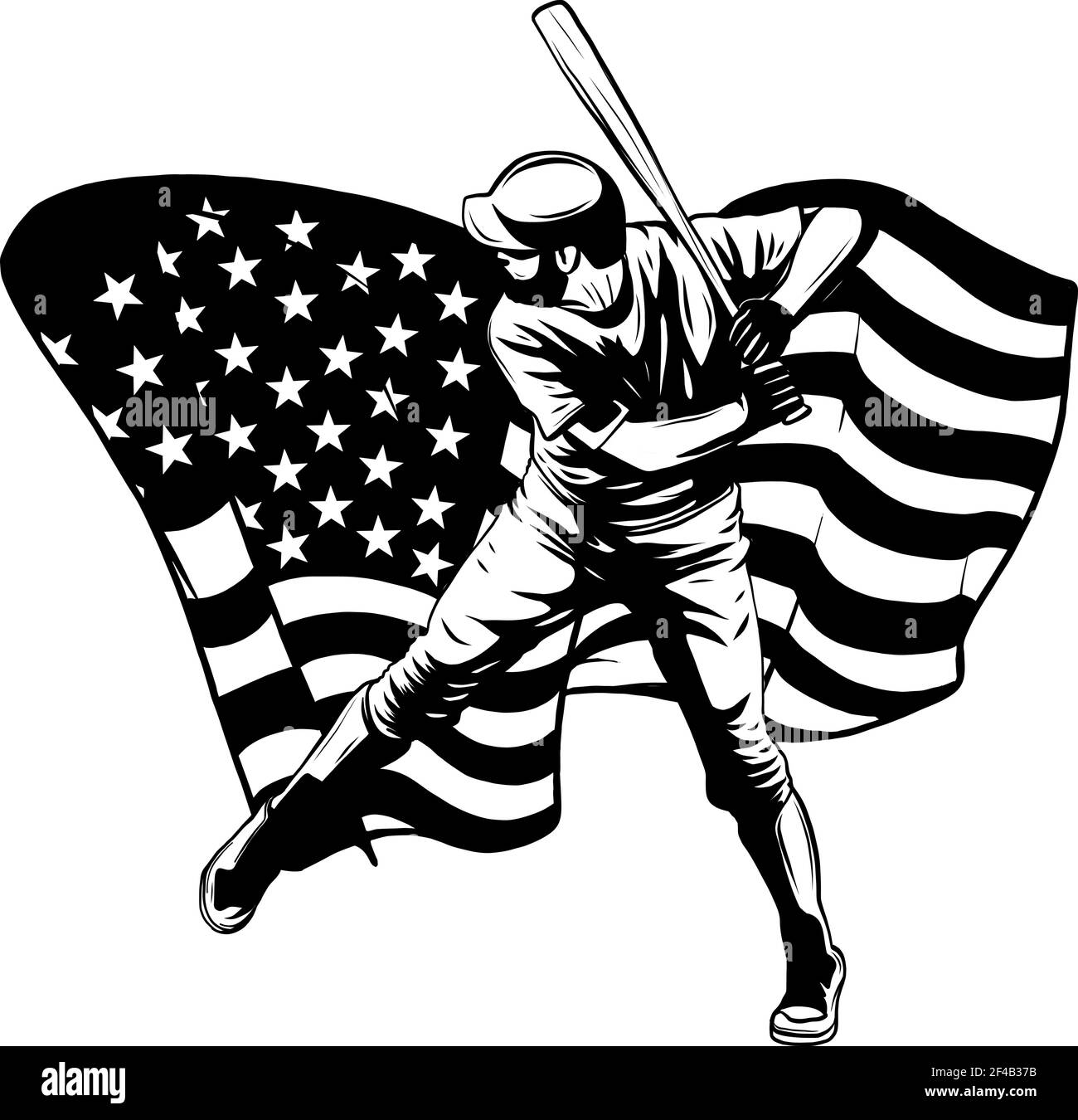 Dessinez en noir et blanc d'un joueur de baseball avec un américain illustration du vecteur drapeau Illustration de Vecteur