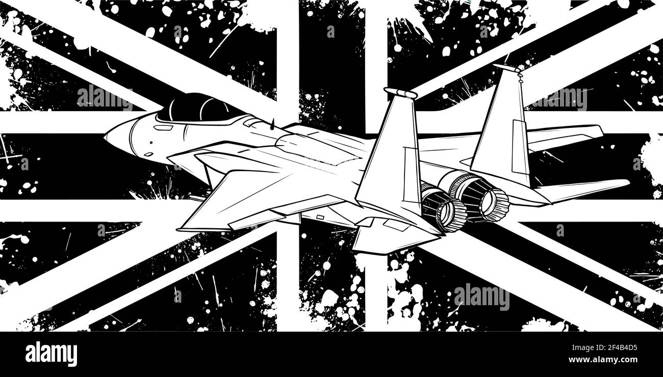 Dessinez en noir et blanc des avions de chasse militaires avec illustration du vecteur drapeau anglais Illustration de Vecteur