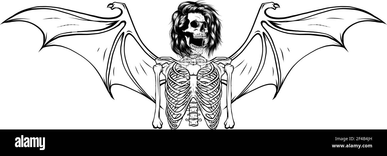 dessinez en noir et blanc du squelette humain avec la chauve-souris illustration du vecteur wings Illustration de Vecteur