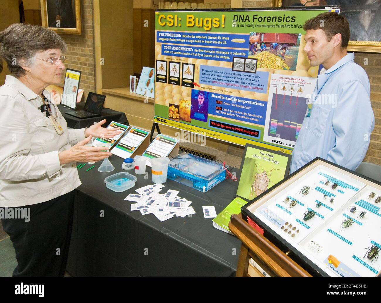 Ellen Mann (à gauche), Technicien de bibliothèque, collections spéciales, Bibliothèque nationale agricole est à l'écoute de Matt Lewis (à droite), la lutte biologique et le comportement des insectes envahissants Laboratory, Beltsville Agricultural Research Centre d'expliquer comment le laboratoire mis en place le protocole pour les insectes qui sont difficiles à identifier au Bed Bugs...Le chocolat...et au-delà de l'événement tenu au ministère de l'Agriculture des États-Unis, le lundi 4 octobre. Le protocole est la première ligne de défense contre les insectes et les souris. Banque D'Images