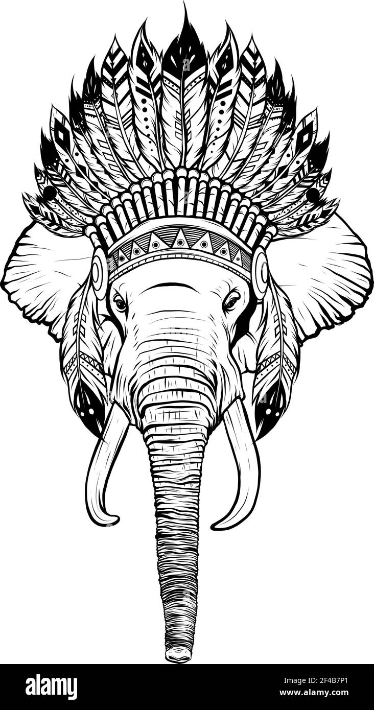 Dessinez en noir et blanc de la tête de l'éléphant avec la coiffure du chef indien américain. Illustration de Vecteur