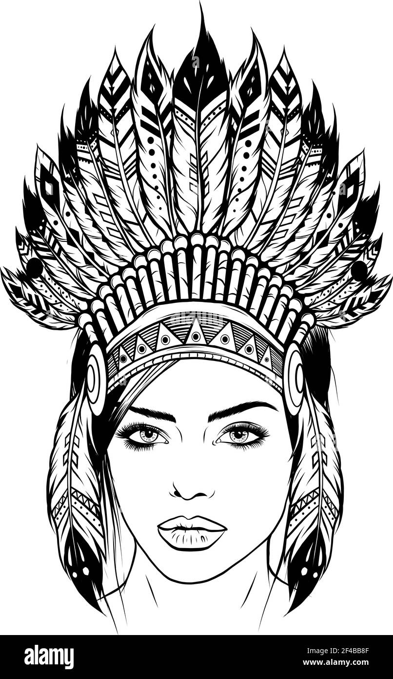 Dessinez en noir et blanc de la belle fille dans une héaddress des Indiens d'Amérique du Nord. Illustration de Vecteur