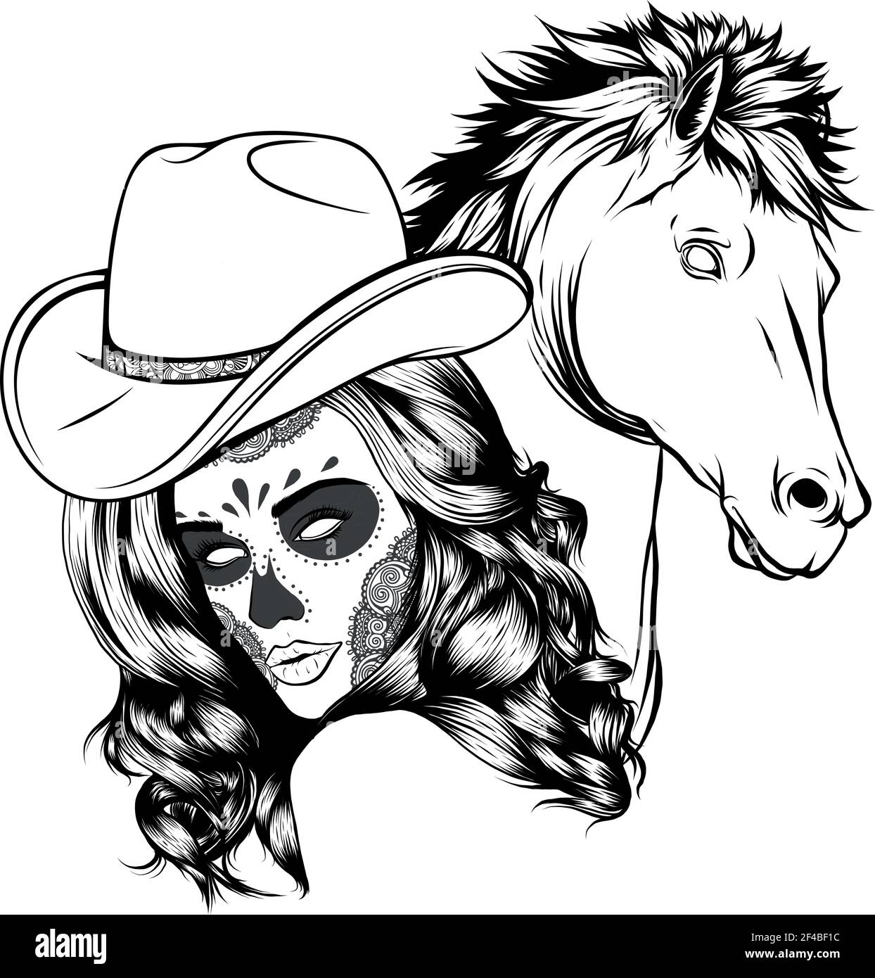dessiner en noir et blanc de la fille habillée comme un cowboy avec cheval Illustration de Vecteur