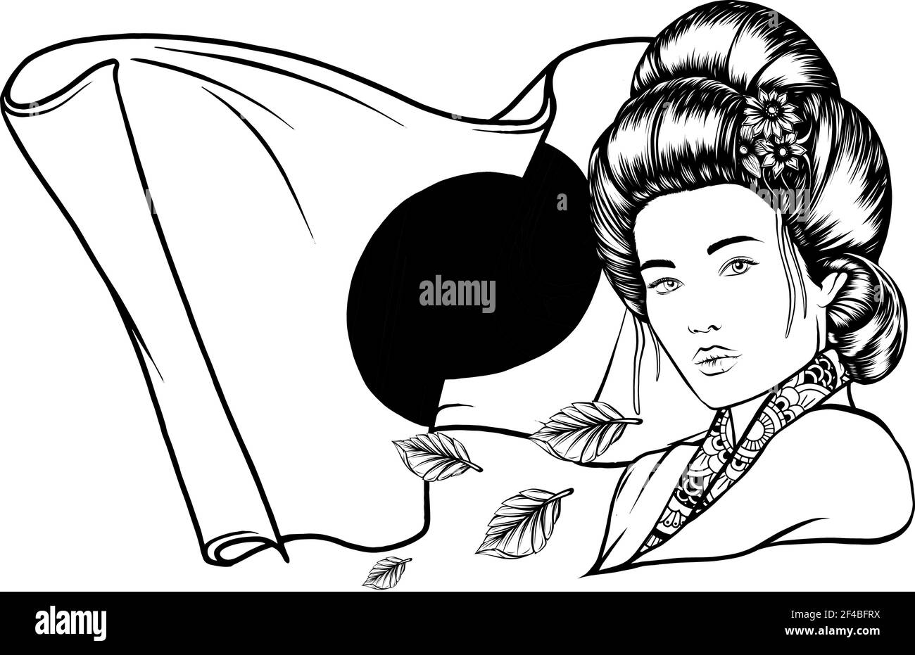 Dessinez en noir et blanc de la belle Geisha avec des feuilles et le drapeau du japon Illustration de Vecteur Dessinez en noir et blanc de la belle Geisha avec des feuilles et le drapeau du japon Illustration de Vecteur