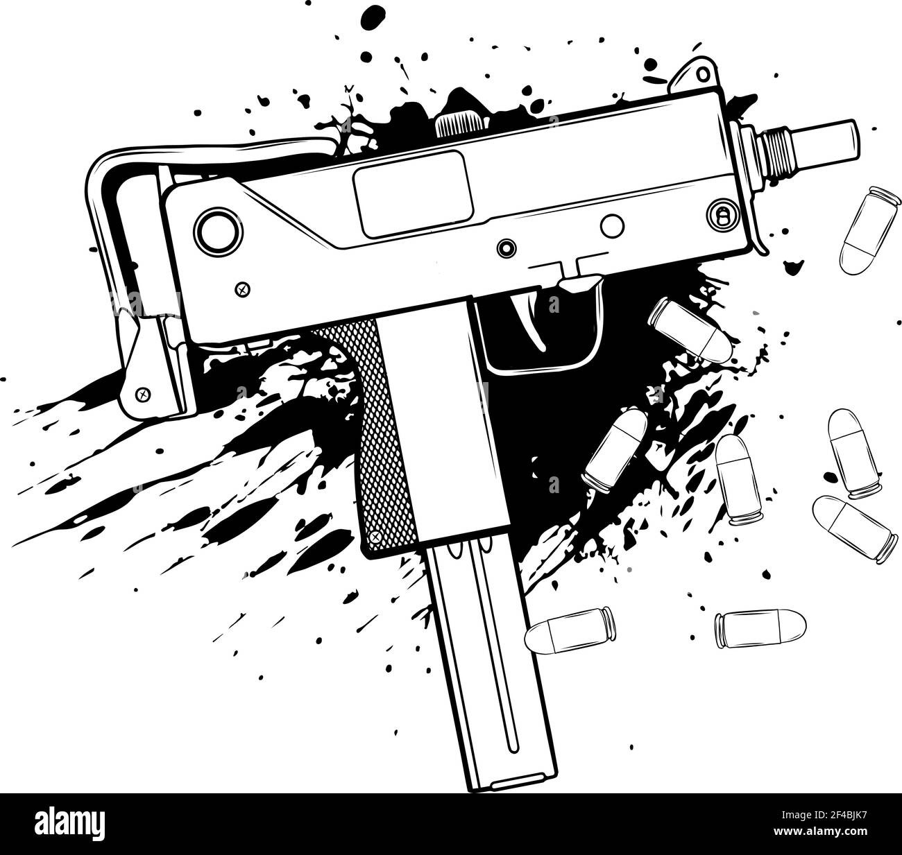 dessiner en noir et blanc de l'arme uzi armée avec balles et sang Illustration de Vecteur