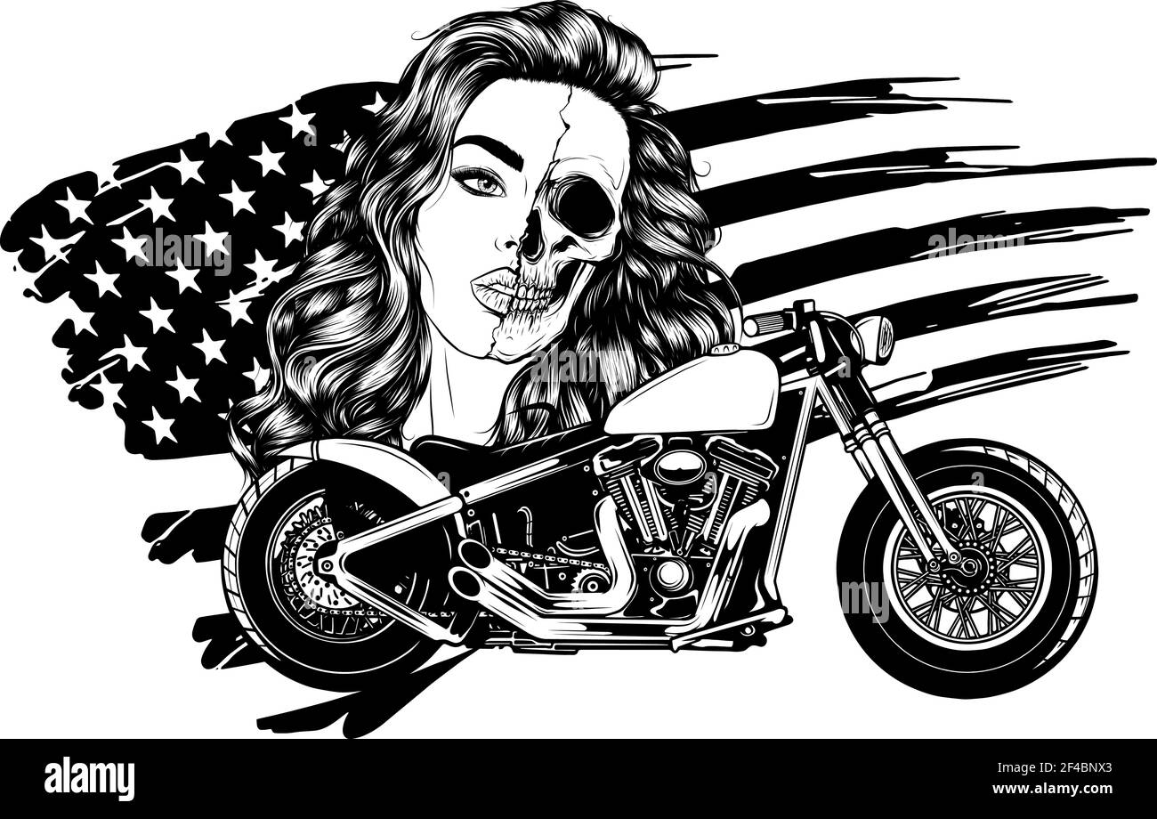 dessinez en noir et blanc du broyeur d'illustrations vectorielles vintage moto avec visage de femme et drapeau américain Illustration de Vecteur