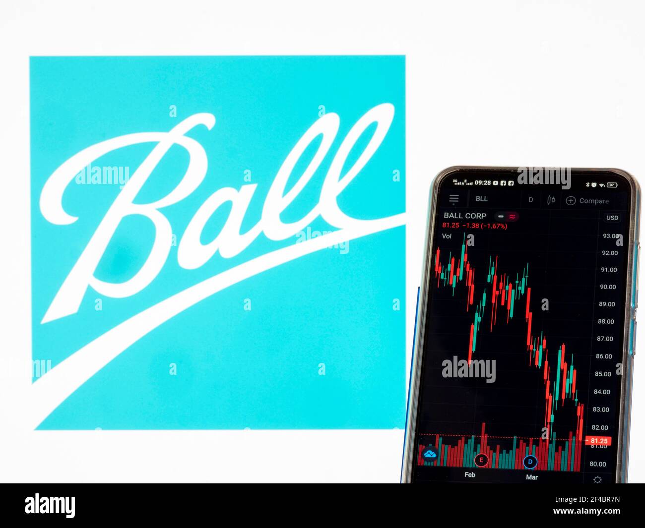 Ukraine. 20 mars 2021. Dans cette illustration, les informations boursières de ball Corporation affichées sur un smartphone avec le logo de ball Corporation en arrière-plan. Credit: Igor Golovniov/SOPA Images/ZUMA Wire/Alamy Live News Banque D'Images