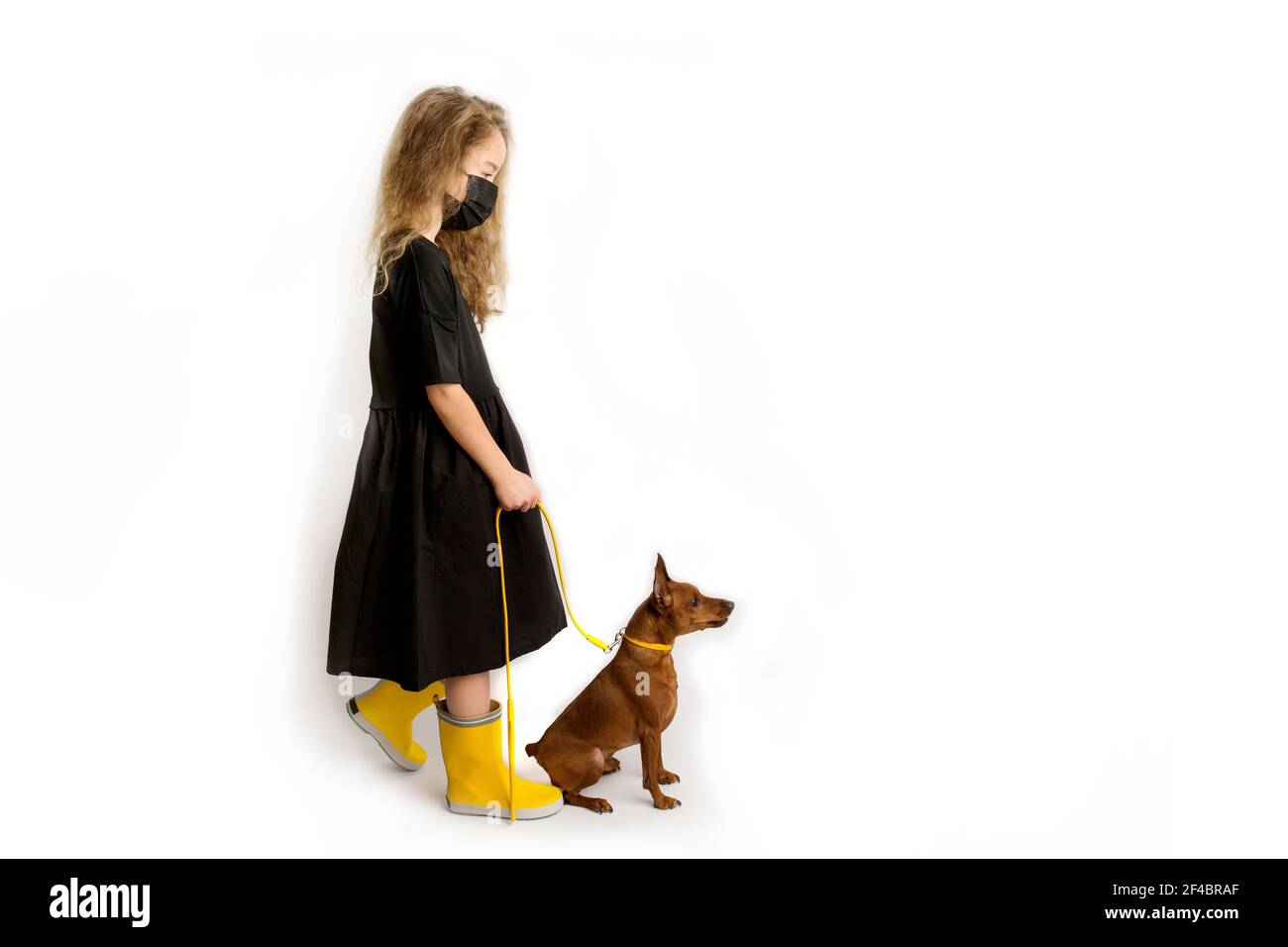 Une fille dans un masque antiviral protecteur noir marche le chien. Nouvelle réalité de la vie durant la pandémie COVID-19. Banque D'Images