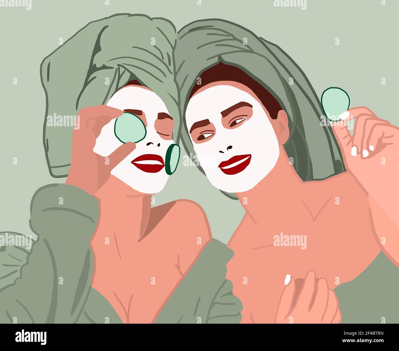 Illustration deux femmes utilisant des cosmétiques naturels biologiques faits maison. Journée d'auto-soin avec un masque facial et des concombres sur ses yeux. Concept d'autosoins 2021. Banque D'Images