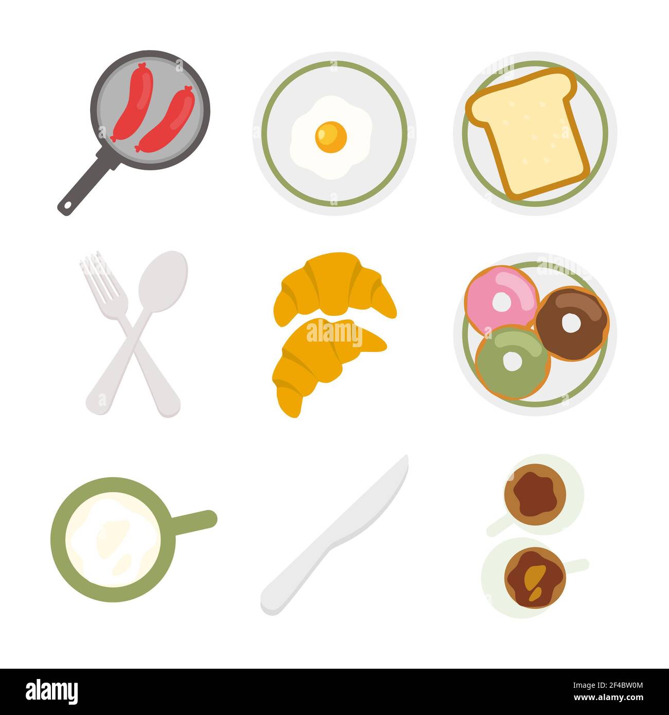design plat avec thème petit déjeuner, contenant des œufs, café, thé, pain, lait et saucisses. Banque D'Images