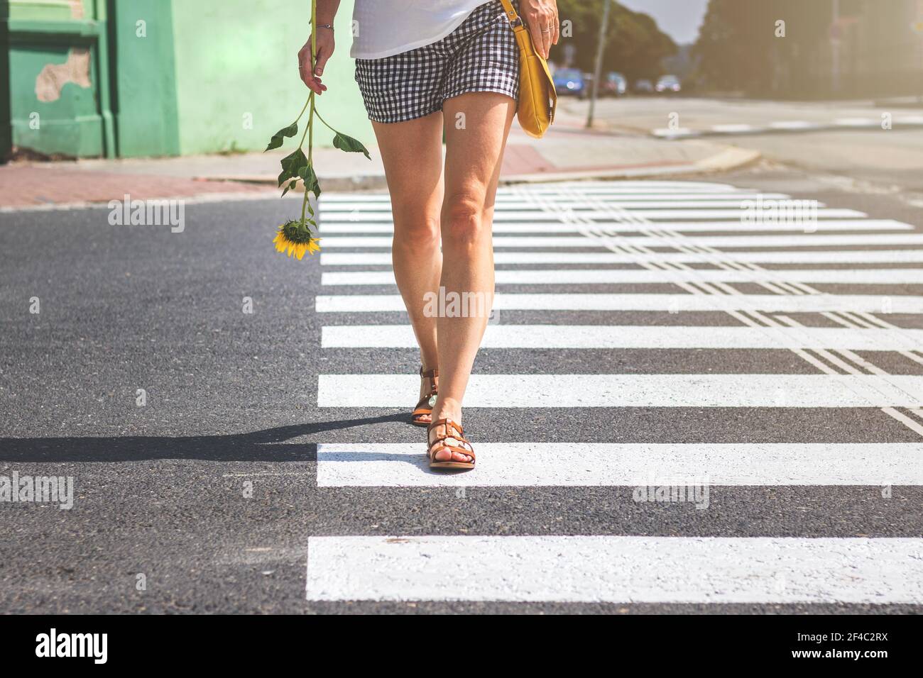 Femme traversant la rue à un passage en croix, l'été en ville. Les jambes  de la jeune femme portant un short et des sandales traversent la rue sur le  marquage zébré Photo