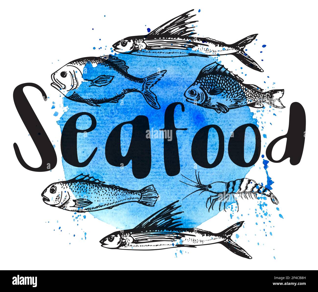 Illustration vintage avec crevettes et poissons sur un fond bleu aquarelle. Lettrage fruits de mer... Pêchez sur un terrain bleu aquarelle Illustration de Vecteur