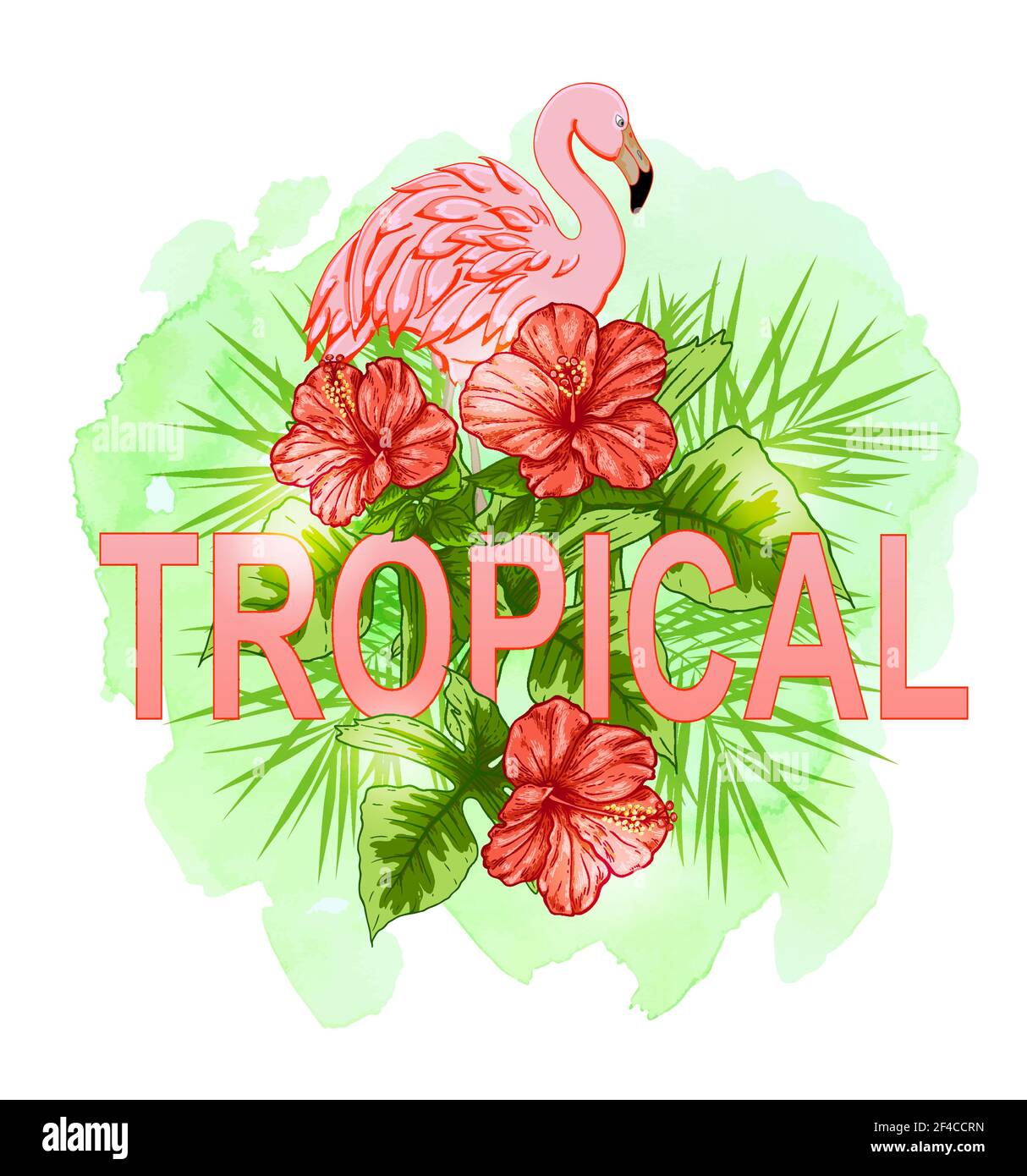 Arrière-plan tropical d'été avec fleurs rouges et flamants roses. Illustration vectorielle dessinée à la main avec texture aquarelle verte. Rose flamant et fleurs rouges Illustration de Vecteur