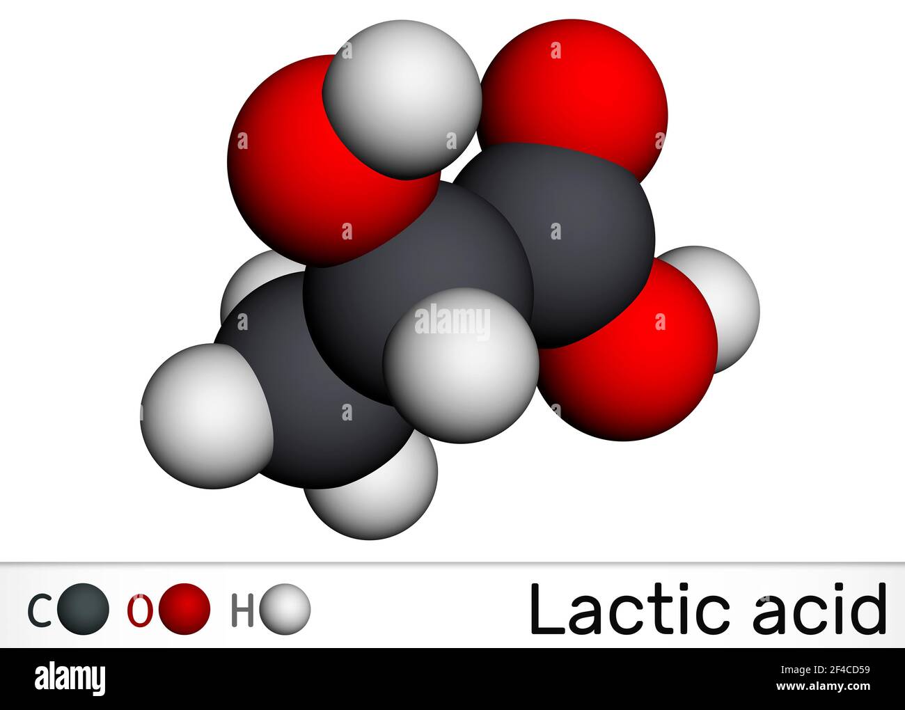 Acide lactique, lactate, sucre de lait, molécule C3H6O3. Il s'agit de l'additif alimentaire E270 et de l'acide alpha-hydroxy AHA. Modèle moléculaire. Rendu 3D. Illustration 3D Banque D'Images