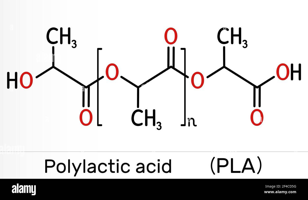 Acide polylactique, polylactide, molécule de PLA. Il est en polymère, bioplastique, polyester thermoplastique. Formule chimique du squelette. Illustration Banque D'Images