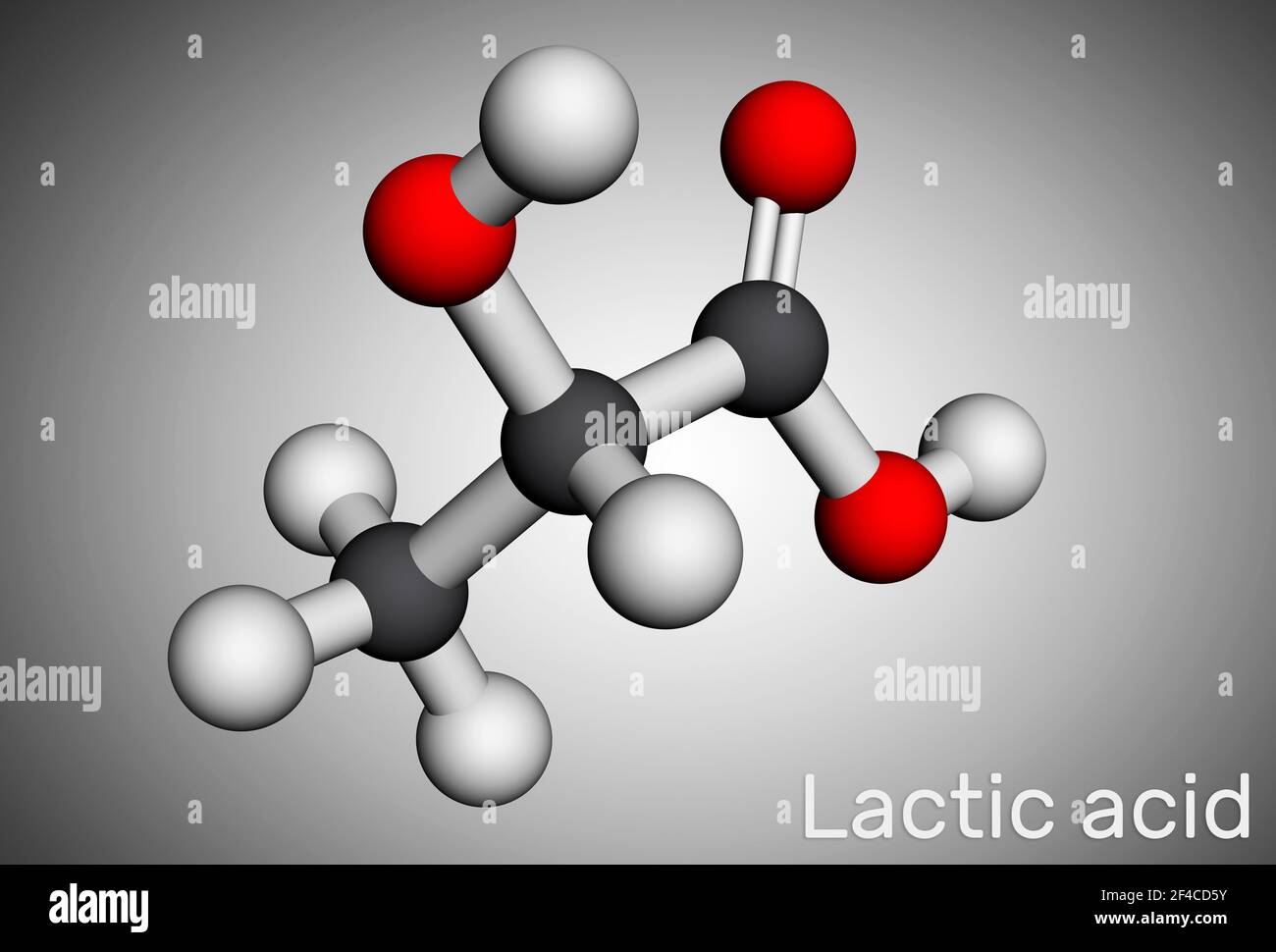 Acide lactique, lactate, sucre de lait, molécule C3H6O3. Il s'agit de l'additif alimentaire E270 et de l'acide alpha-hydroxy AHA. Modèle moléculaire. Rendu 3D. Illustration 3D Banque D'Images