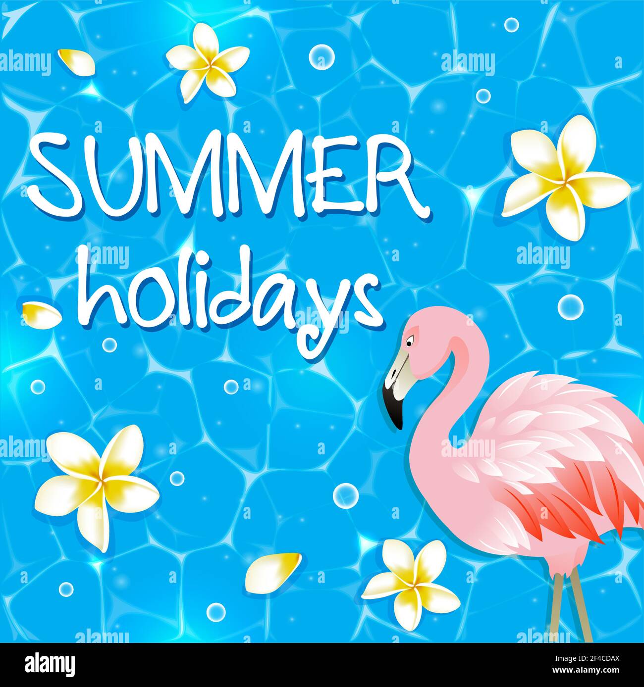 Vecteur de fond bleu d'été avec des fleurs tropicales dans l'eau et flamant rose. Illustration de Vecteur