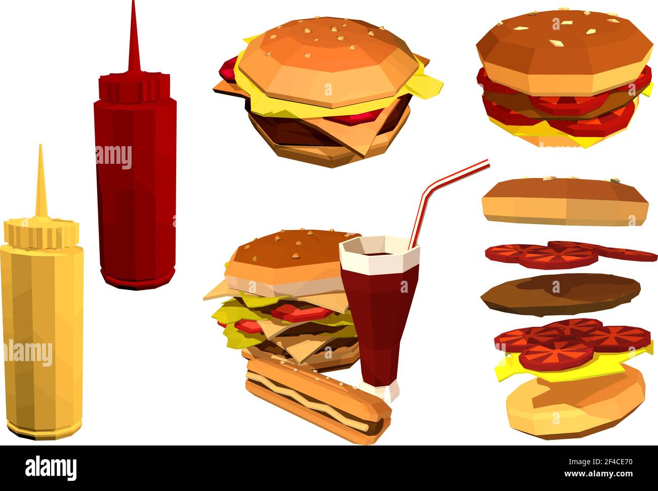 Aliments rapides Vector Low poly sur fond blanc. Ensemble de produits de restauration rapide. Hamburger, cola, café, frites. Illustration du vecteur de stock Illustration de Vecteur