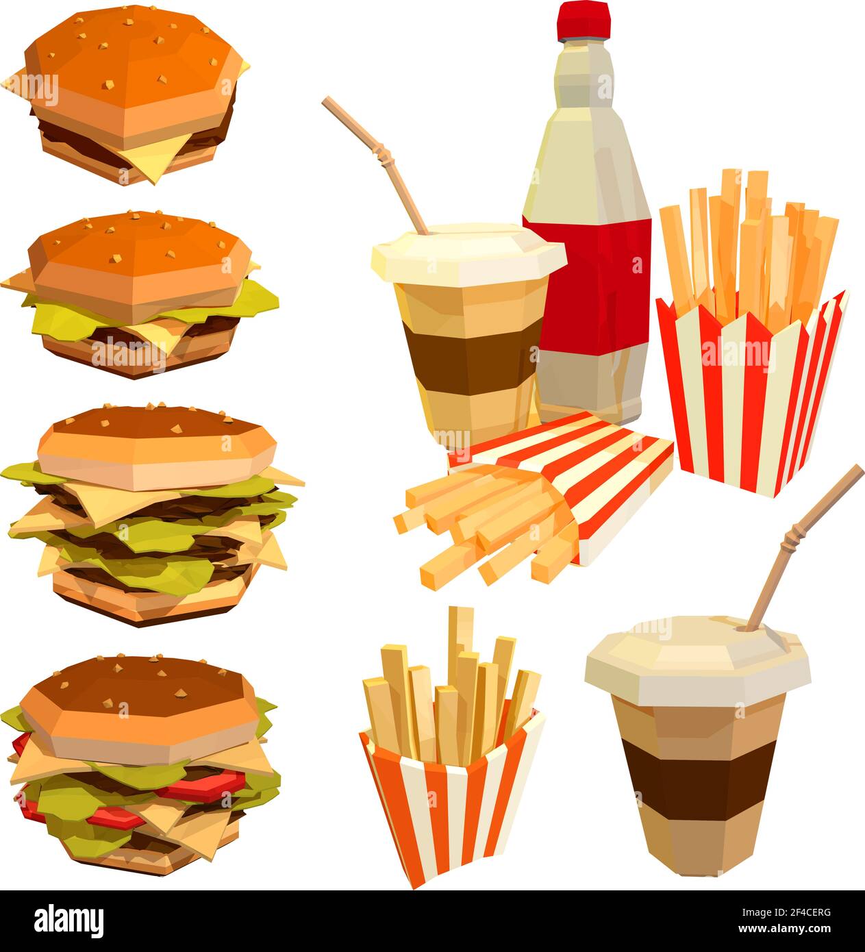 Aliments rapides à faible teneur en poly sur fond blanc. Ensemble de produits de restauration rapide. Hamburger, cola, café, frites. Illustration du vecteur de stock Illustration de Vecteur