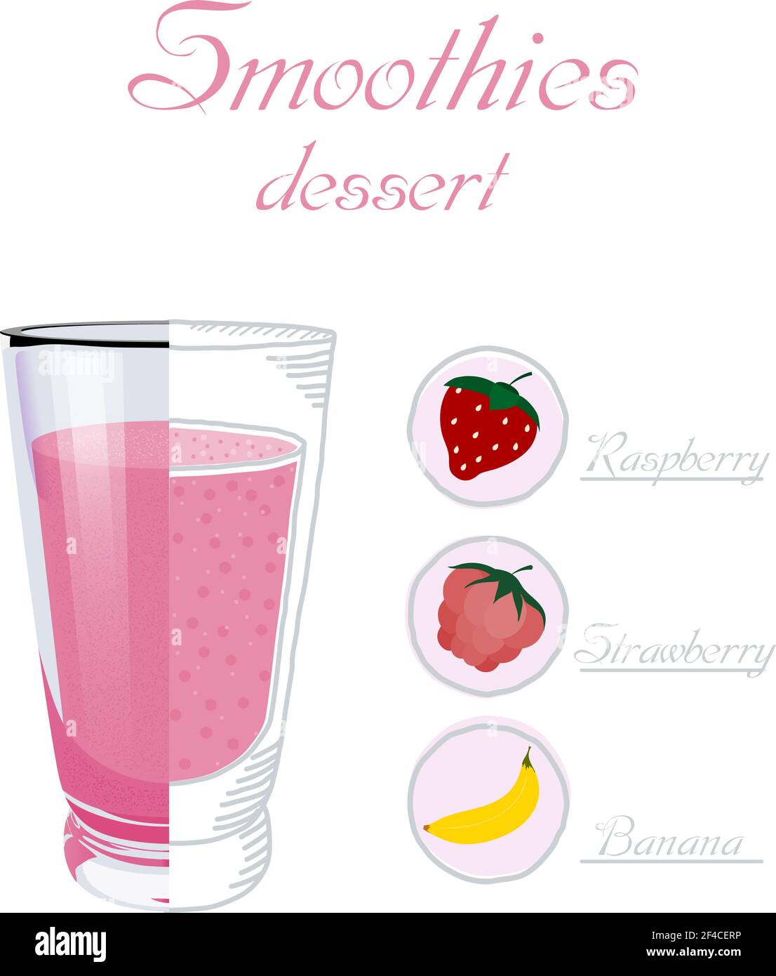 Illustration vectorielle d'un smoothie en verre à la framboise, à la fraise, à la banane. Une alimentation saine. Boisson végétalienne. Petit déjeuner sain Illustration de Vecteur