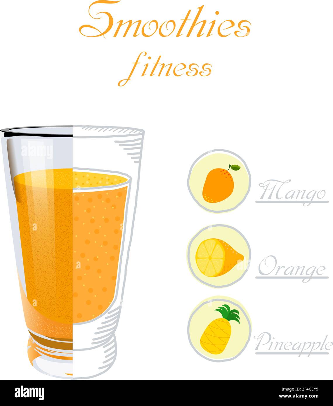 Illustration vectorielle d'une tasse en verre de smoothie à la mangue, à l'orange et à l'ananas. Une alimentation saine. Boisson végétalienne. Un petit déjeuner sain Illustration de Vecteur