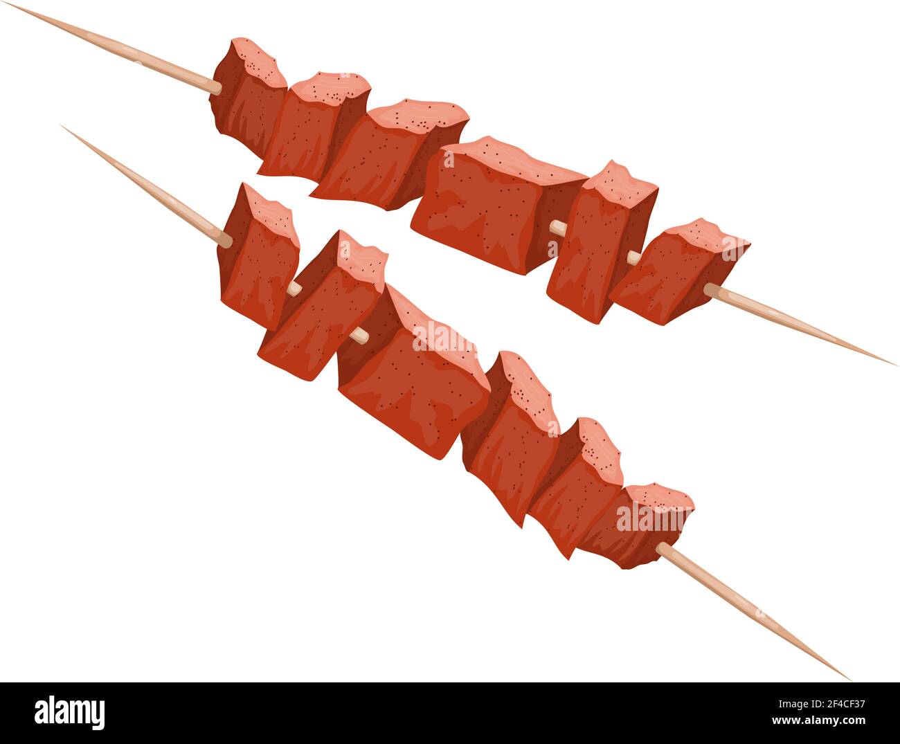 Illustration vectorielle du kebab sur les brochettes de bois. Viande sur le gril. Un kebab de style dessin animé sur fond blanc. Nourriture à base de viande. Plat traditionnel de viande au feu Illustration de Vecteur