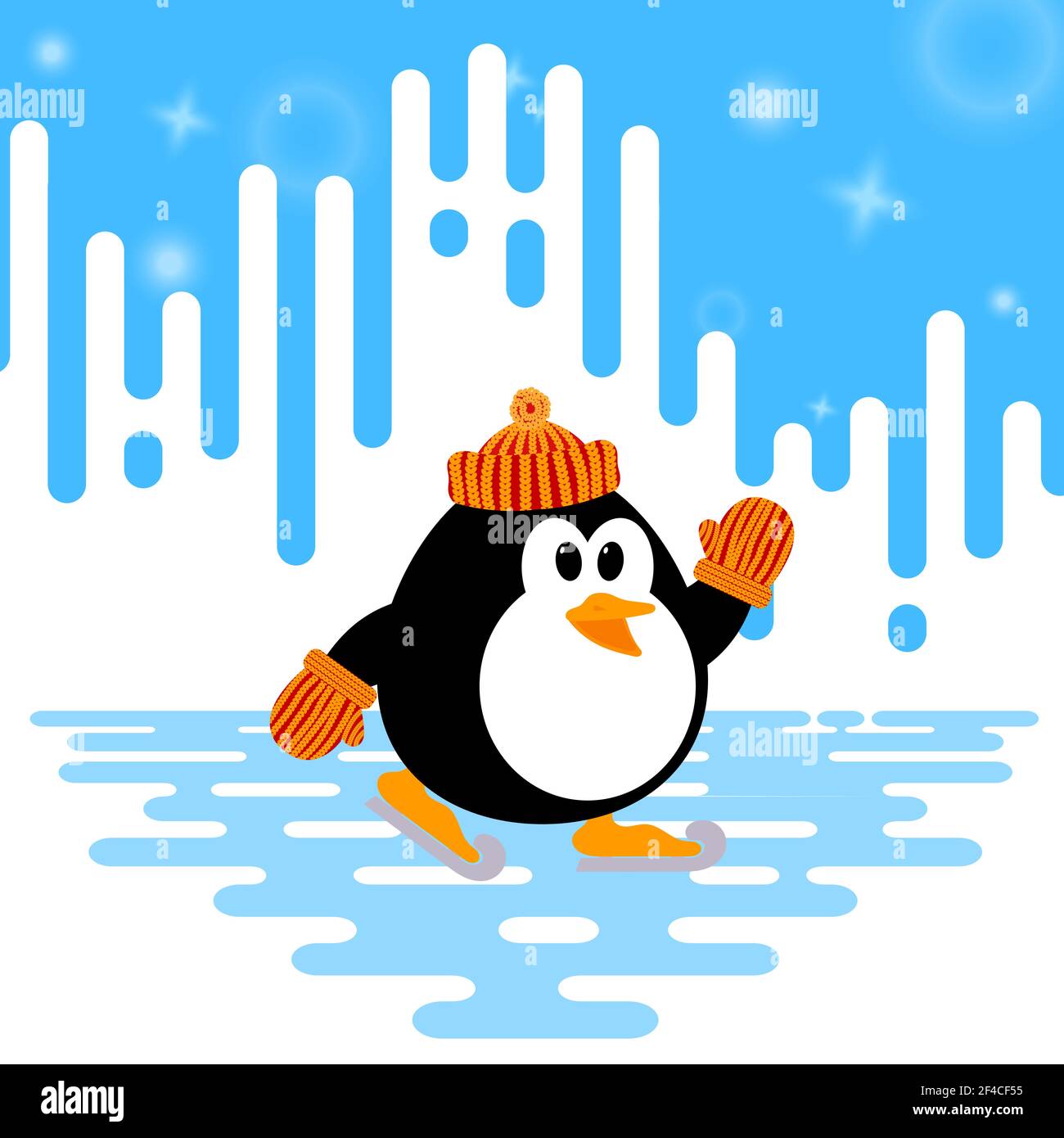 Illustration vectorielle d'un joli petit pingouin patinage sur glace sur fond rayé d'hiver abstrait. Sports d'hiver. Pingouin engagé dans le patinage Illustration de Vecteur