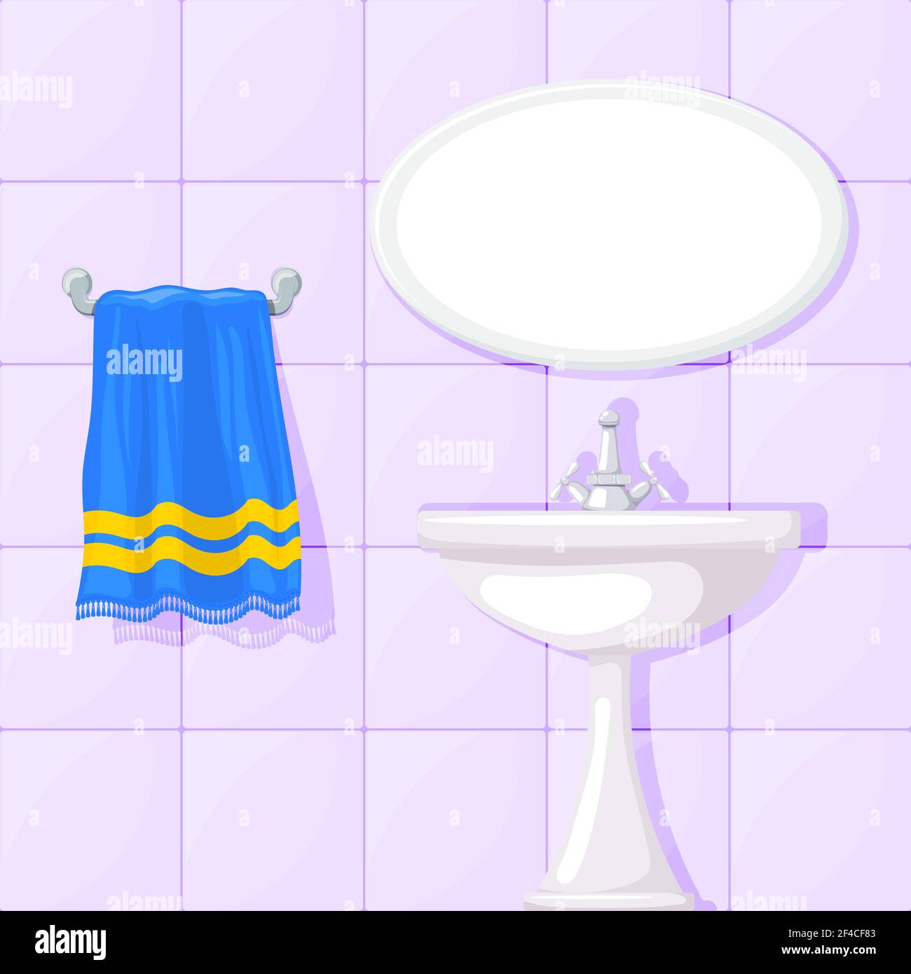 Illustration vectorielle du lavabo en céramique de la salle de bains, murs carrelés, miroir et serviette bleue. Style de dessin animé. Ameublement salle de bains Illustration de Vecteur