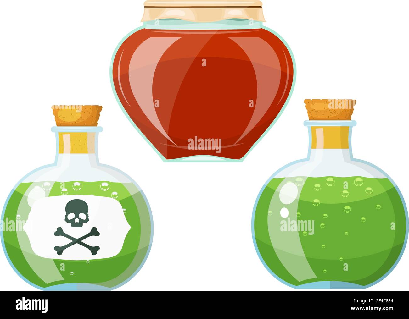 Mettre les flacons en place avec du poison. Style carton. Illustration vectorielle d'un ensemble d'anciens récipients en verre avec poison. Illustration de Vecteur