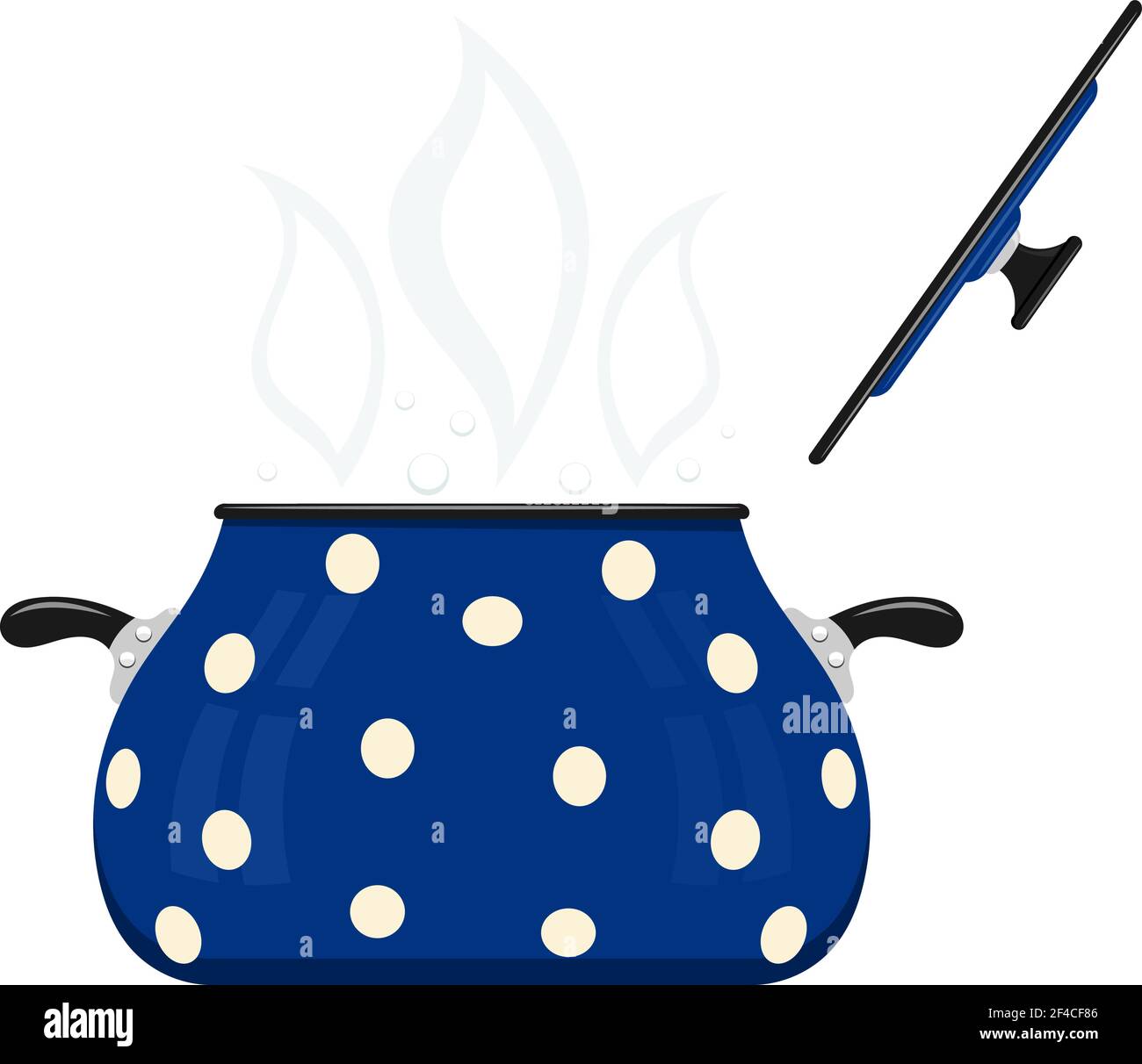 Casserole de dessin animé bleu avec couvercle ouvert sur fond blanc