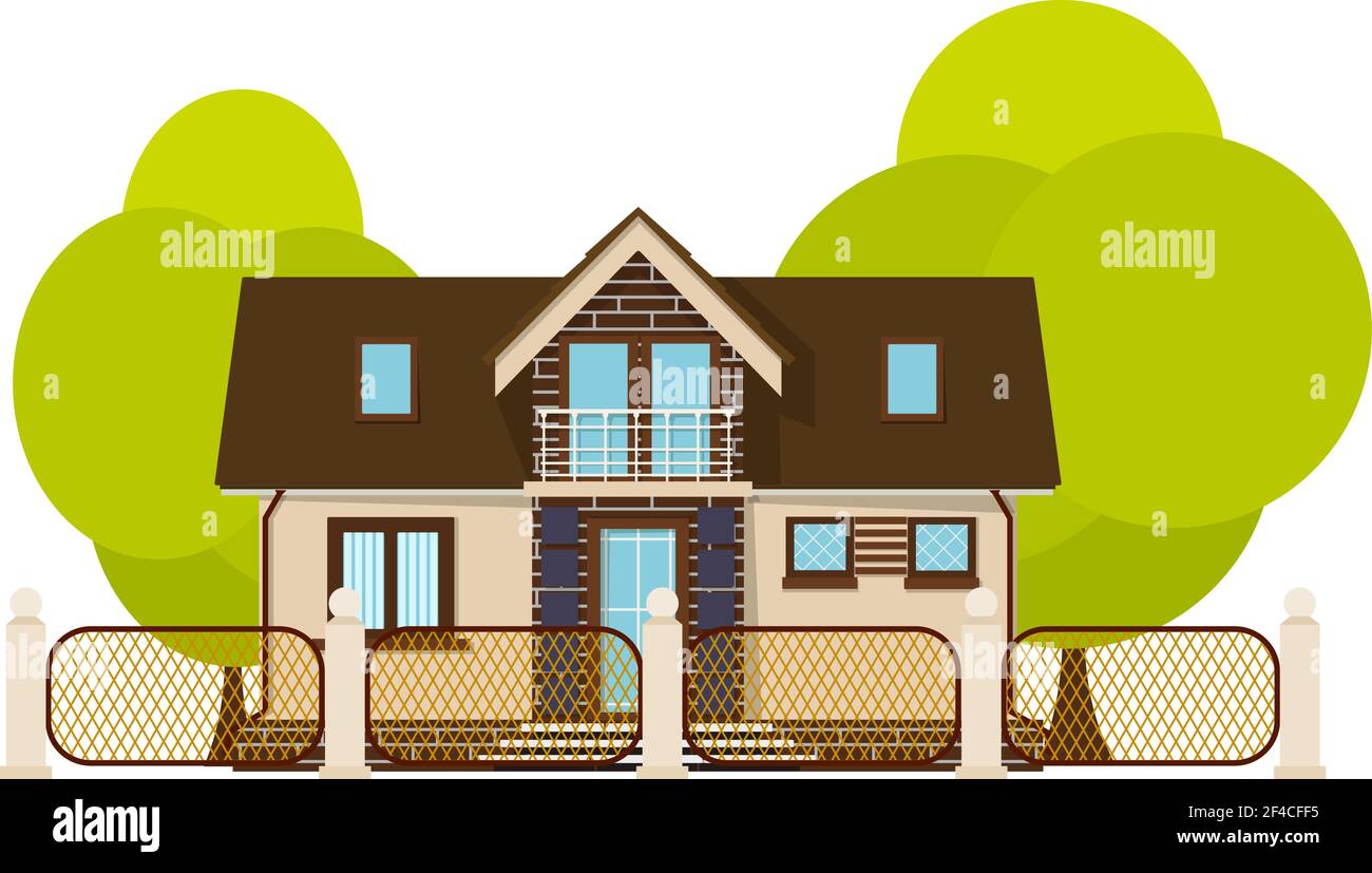 Petite maison mignonne. Maison de dessin animé avec clôture et arbre vert sur fond blanc. Illustration de la maison rurale confortable, isoler. Vecteur de brut Illustration de Vecteur