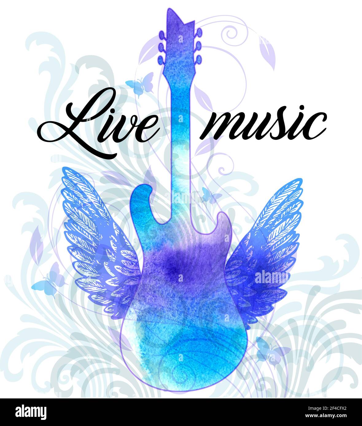 Affiche de musique rock vectoriel vintage avec guitare bleu aquarelle, ailes et décoration florale. Lettrage musical en direct... Poster de musique rock avec guitare bleu aquarelle Illustration de Vecteur