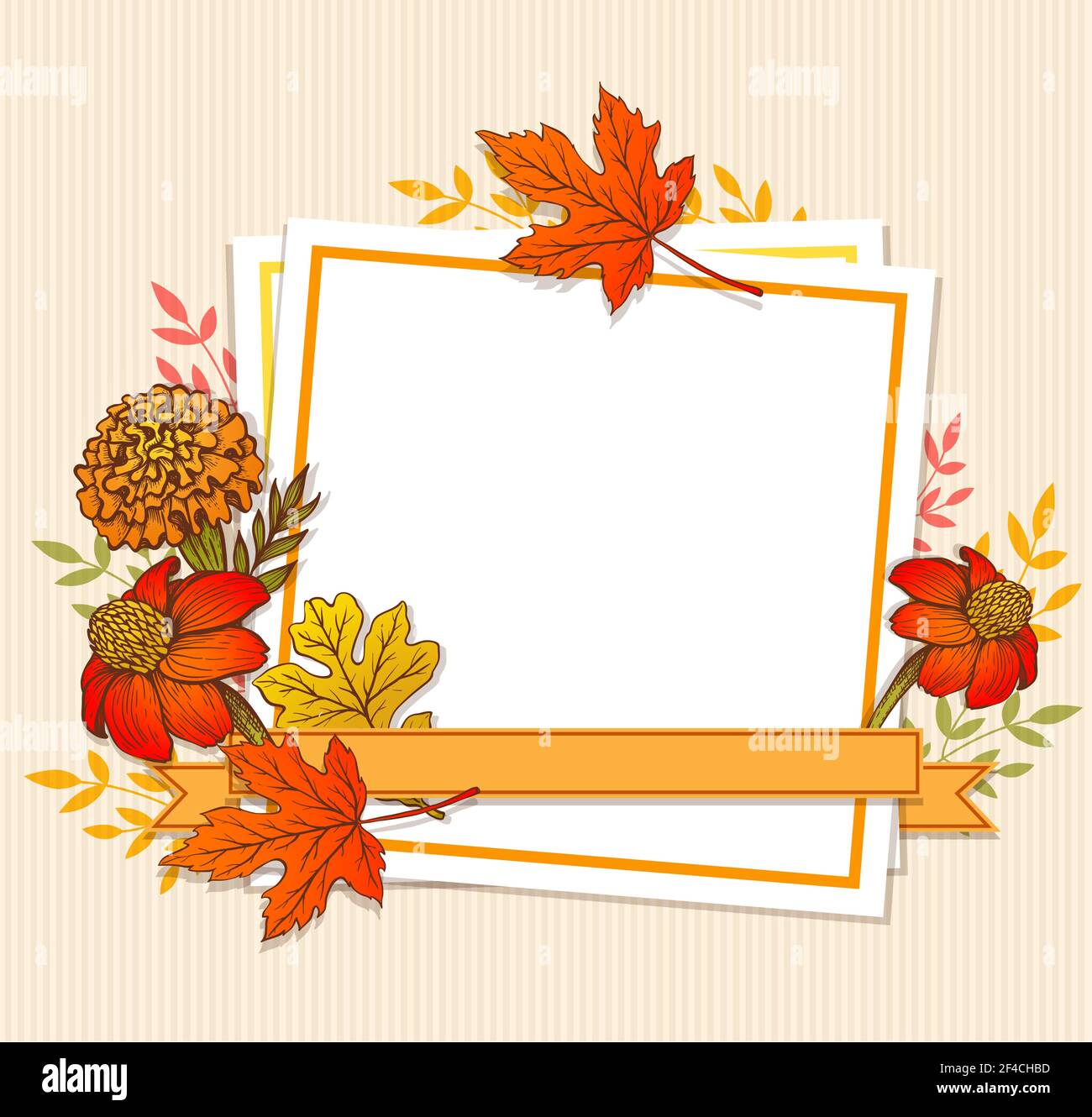 Vecteur d'automne fond orange vintage avec feuilles d'érable, fleurs et feuille de papier blanc. Floral frame pour l'automne saison vente. Illustration de Vecteur